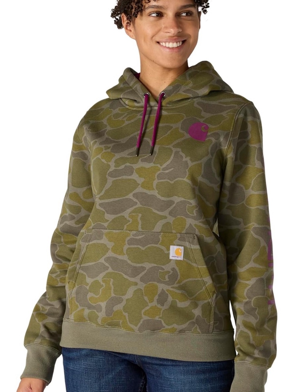 Carhartt Women’s XL Camo Hoodie Dusty Olive Relaxed Fit Logo Sleeve